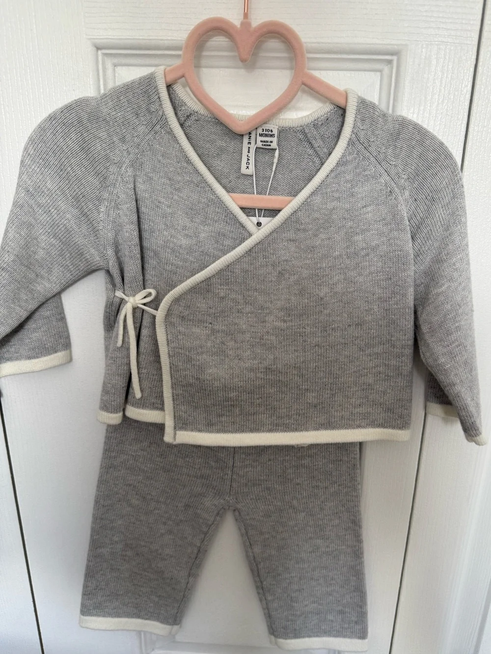 Janie and Jack Gray Knit Wrap Pajama Set with Cream Trim